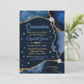 Navy Blue en Gold Faux Glitter Agate Quinceanera Kaart (Staand voorkant)