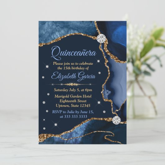 Navy Blue en Gold Faux Glitter Agate Quinceanera Kaart (Staand voorkant)