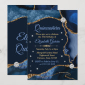 Navy Blue en Gold Faux Glitter Agate Quinceanera Kaart (Voorkant / Achterkant)