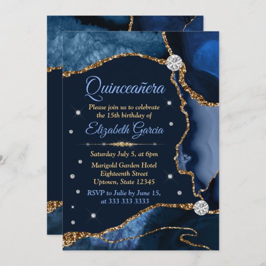 Navy Blue en Gold Faux Glitter Agate Quinceanera Kaart (Voorkant / Achterkant)