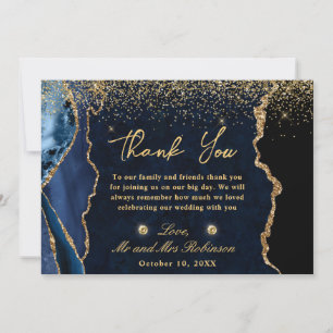 Navy Blue en Gold Faux Glitter Agate Wedding Bedankkaart