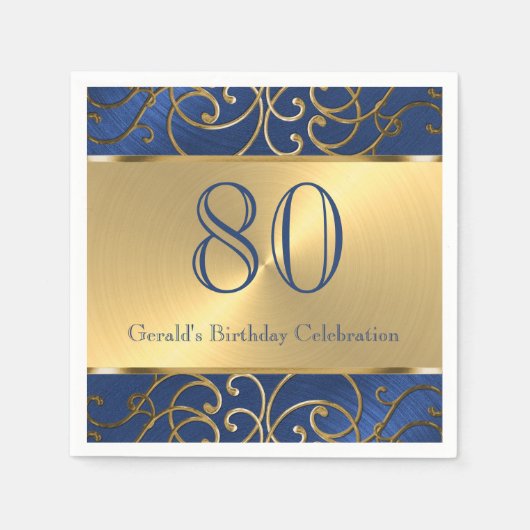 Navy Blue en Gold Filigree Swirls Servetten (Voorkant)