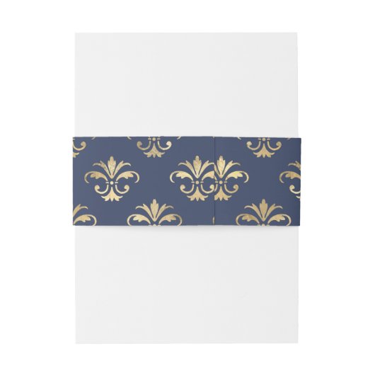 Navy Blue en Gold Fleur-de-Lis Pattern Uitnodigingen Wikkel (Achterkant Voorbeeld)