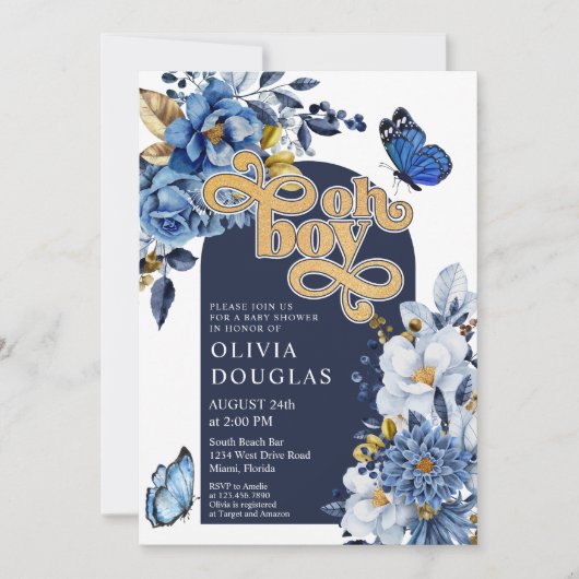 Navy Blue en Gold Floral Butterfly Baby shower Kaart (Voorkant)