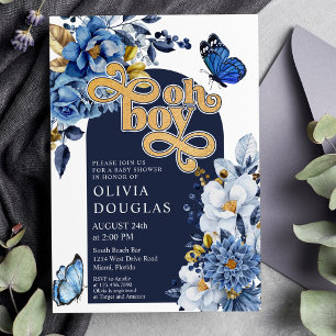 Navy Blue en Gold Floral Butterfly Baby shower Kaart
