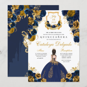 Navy Blue en Gold Floral Elegant Quinceañera Kaart