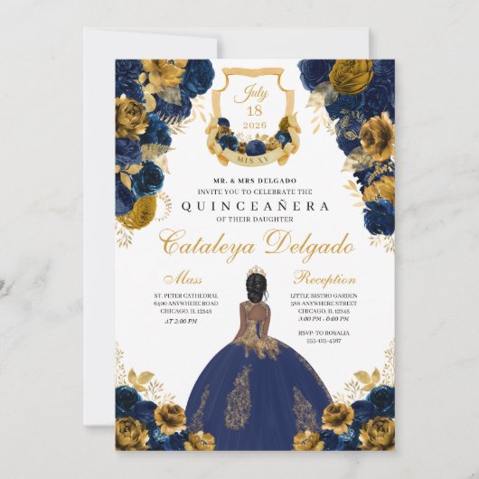 Navy Blue en Gold Floral Elegant Quinceañera Kaart (Voorkant)