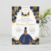 Navy Blue en Gold Floral Elegant Quinceañera Kaart (Staand voorkant)