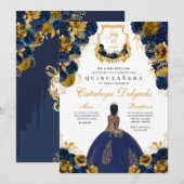 Navy Blue en Gold Floral Elegant Quinceañera Kaart (Voorkant / Achterkant)