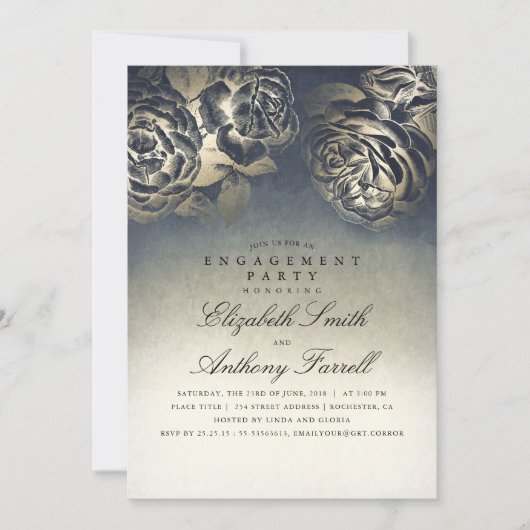  Navy Blue en Gold Floral Engagement Party Kaart (Voorkant)
