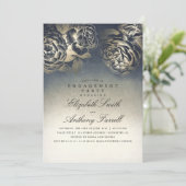  Navy Blue en Gold Floral Engagement Party Kaart (Staand voorkant)