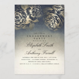  Navy Blue en Gold Floral Engagement Party Kaart