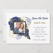 Navy Blue en Gold Floral foto sparen de datum Save The Date (Voorkant)