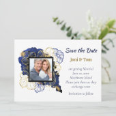 Navy Blue en Gold Floral foto sparen de datum Save The Date (Staand voorkant)