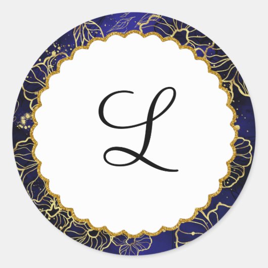 Navy Blue en Gold Floral Monogram Sticker (Voorkant)