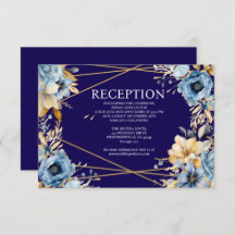 Navy Blue en Gold Floral Receptie Kaart