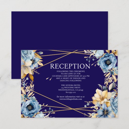 Navy Blue en Gold Floral Receptie Kaart (Voorkant / Achterkant)