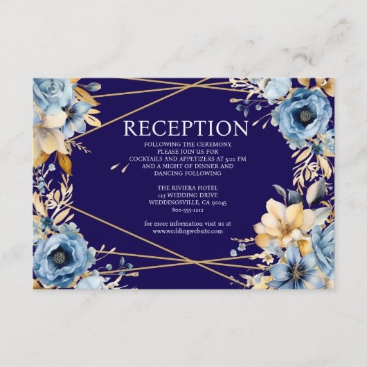 Navy Blue en Gold Floral Receptie Kaart (Voorkant)