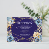 Navy Blue en Gold Floral Receptie Kaart (Staand voorkant)