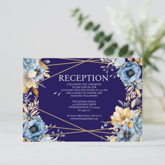 Navy Blue en Gold Floral Receptie Kaart (Staand voorkant)