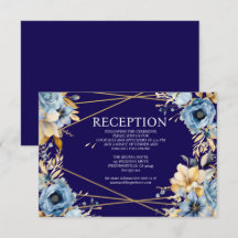 Navy Blue en Gold Floral Receptie Kaart