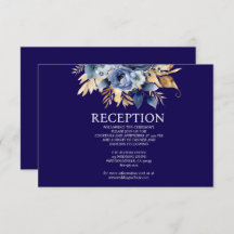 Navy Blue en Gold Floral Receptie Kaart
