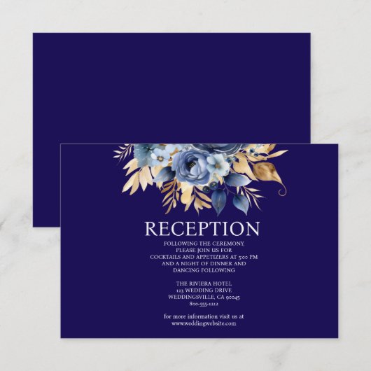 Navy Blue en Gold Floral Receptie Kaart (Voorkant / Achterkant)