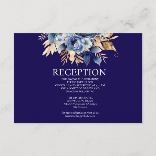 Navy Blue en Gold Floral Receptie Kaart (Voorkant)