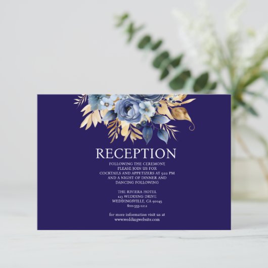 Navy Blue en Gold Floral Receptie Kaart (Staand voorkant)