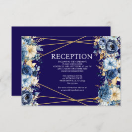 Navy Blue en Gold Floral Receptie Kaart