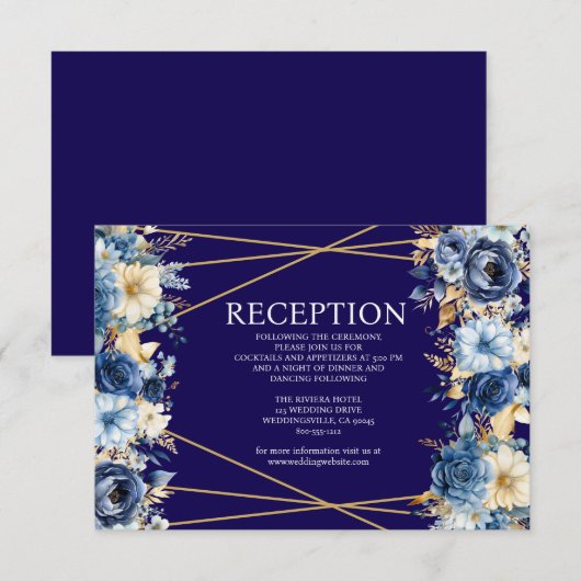 Navy Blue en Gold Floral Receptie Kaart (Voorkant / Achterkant)