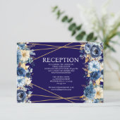 Navy Blue en Gold Floral Receptie Kaart (Staand voorkant)
