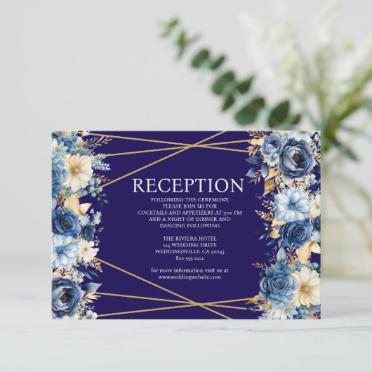 Navy Blue en Gold Floral Receptie Kaart (Staand voorkant)