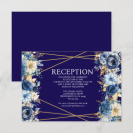 Navy Blue en Gold Floral Receptie Kaart