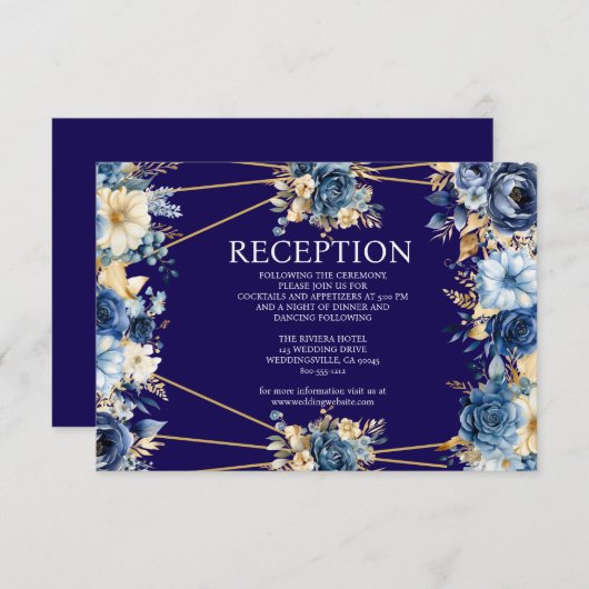 Navy Blue en Gold Floral Receptie Kaart (Voorkant / Achterkant)