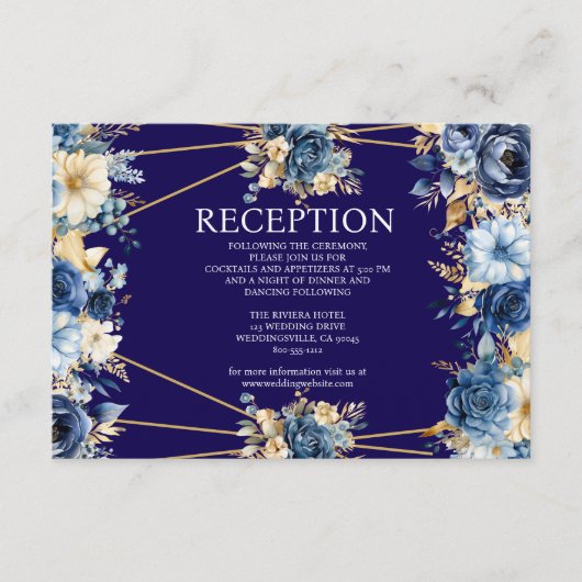Navy Blue en Gold Floral Receptie Kaart (Voorkant)