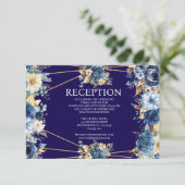 Navy Blue en Gold Floral Receptie Kaart (Staand voorkant)