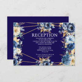 Navy Blue en Gold Floral Receptie Kaart
