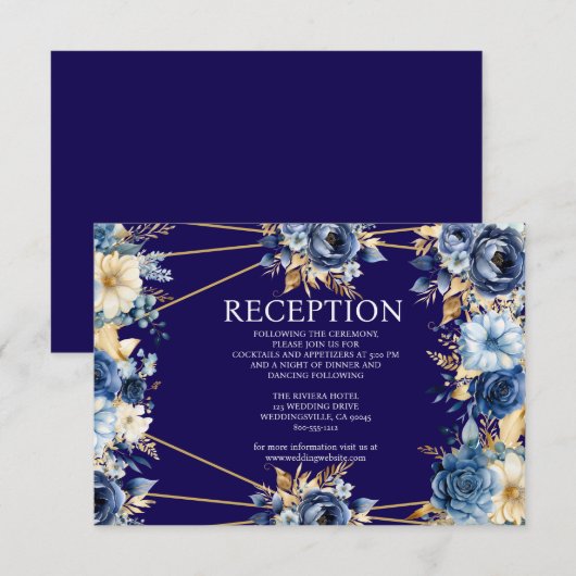 Navy Blue en Gold Floral Receptie Kaart (Voorkant / Achterkant)