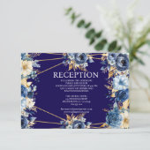 Navy Blue en Gold Floral Receptie Kaart (Staand voorkant)