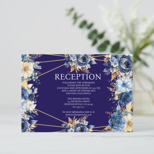 Navy Blue en Gold Floral Receptie Kaart (Staand voorkant)