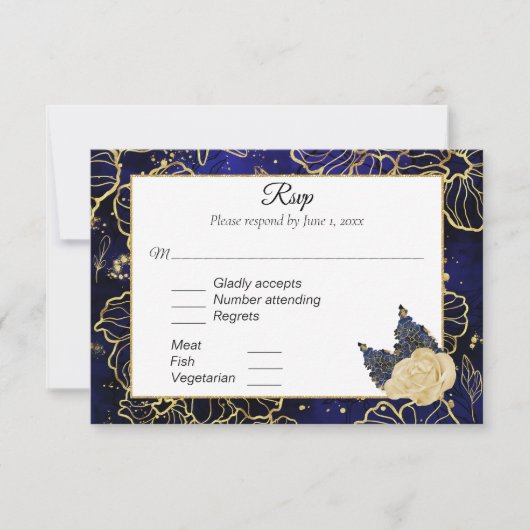 Navy Blue en Gold Floral RSVP (Voorkant)