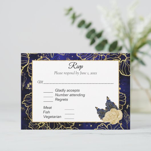 Navy Blue en Gold Floral RSVP (Staand voorkant)
