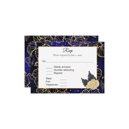 Navy Blue en Gold Floral RSVP (Voorkant / Achterkant in situ)