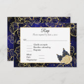 Navy Blue en Gold Floral RSVP (Voorkant / Achterkant)