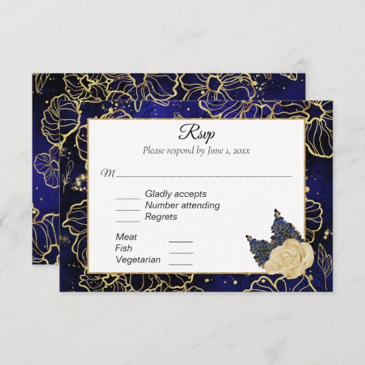 Navy Blue en Gold Floral RSVP (Voorkant / Achterkant)