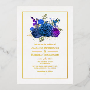 Navy Blue en Gold  Floral Wedding Folie in Folie Uitnodiging