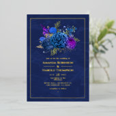Navy Blue en Gold  Floral Wedding Folie in Folie Uitnodiging (Staand Voorkant)