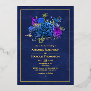 Navy Blue en Gold  Floral Wedding Folie in Uitnodiging