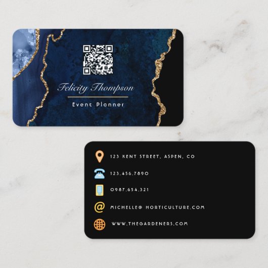 Navy Blue en Gold Geode Agate Stone QR Code Visitekaartje (Voorkant / Achterkant)